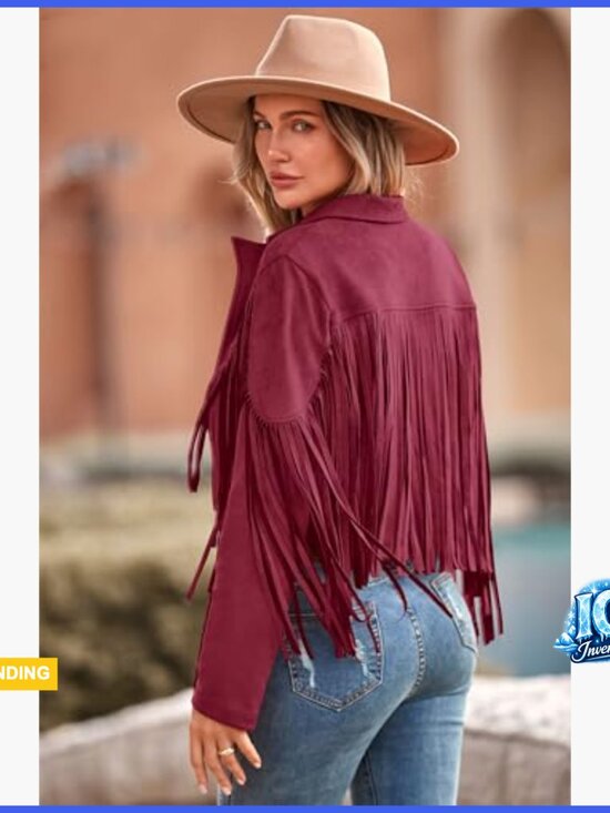 Faux Suede Fringe Motorcycle Cropped Jacket with Tassel Design - Picture 2 of 7